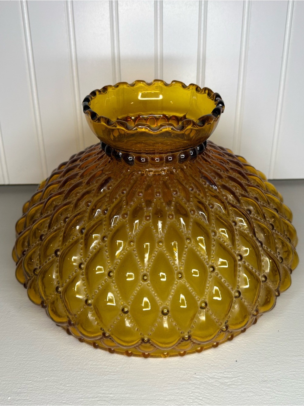 VTG Large 10” Fitter Amber Glass Hurricane Lamp Shade Diamond Quilted Ruffle